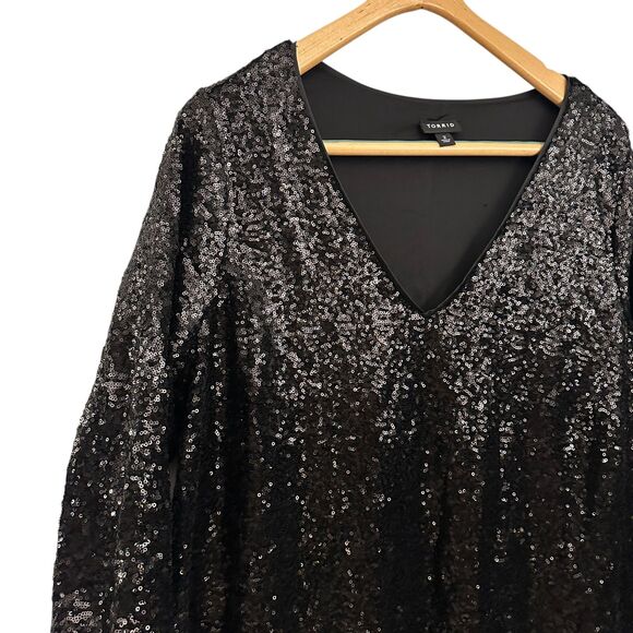 Torrid Black Sequin V-Neck 3/4 Sleeve Midi Shift Dress Fancy Party 2 (18/20) - Picture 3 of 6